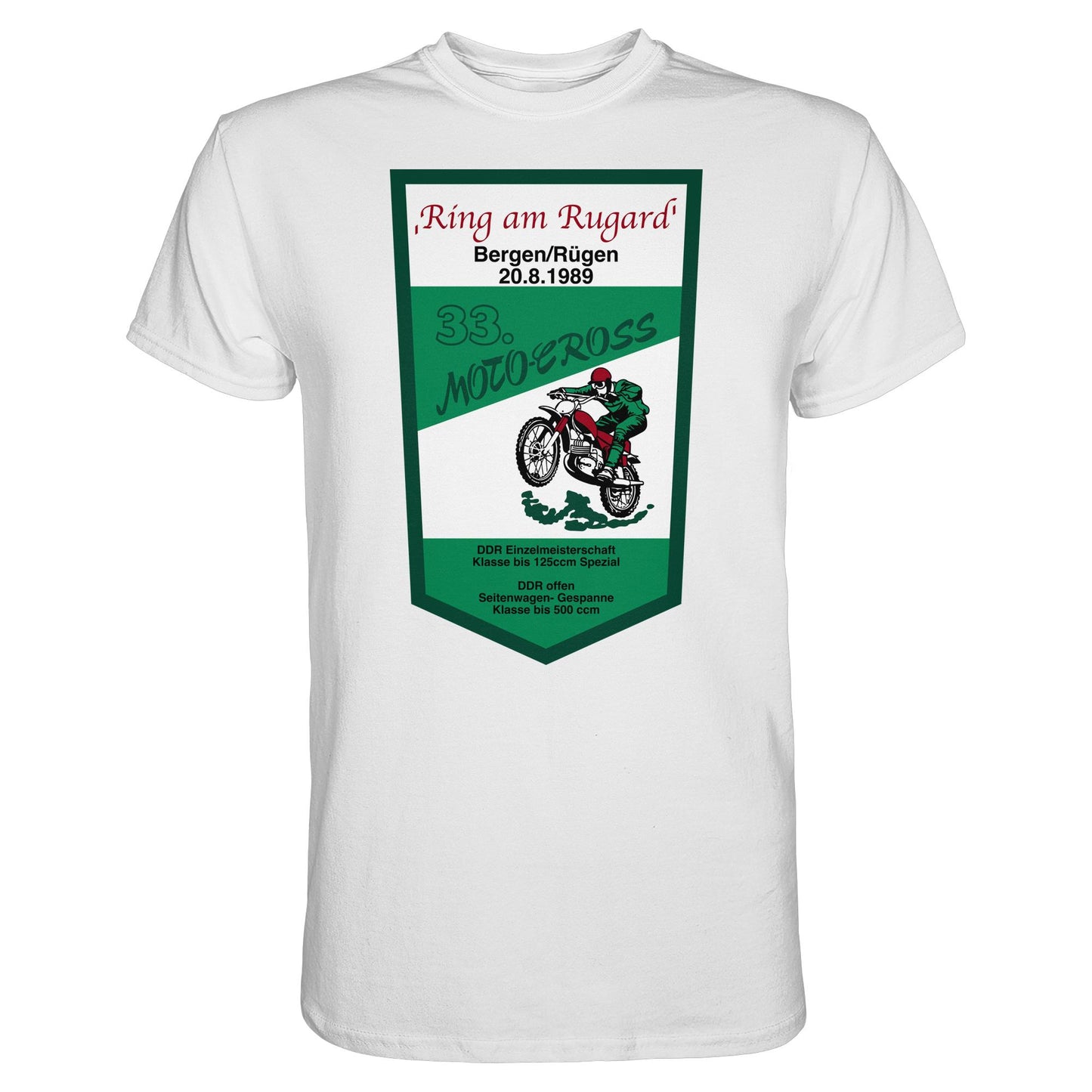 DDR Ostalgie Shirt Unisex • RING AM RUGARD, RÜGEN 33. MOTO-CROSS-RENNEN 1989 (ORIGINAL-WIMPEL)
