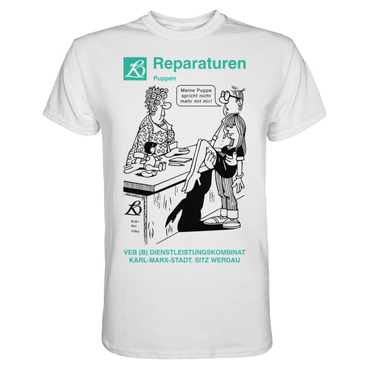 DDR Ostalgie Shirt Unisex • VEB REPARATUREN, PUPPEN, WERDAU - KARL-MARX-STADT (ORIGINAL POSTER)