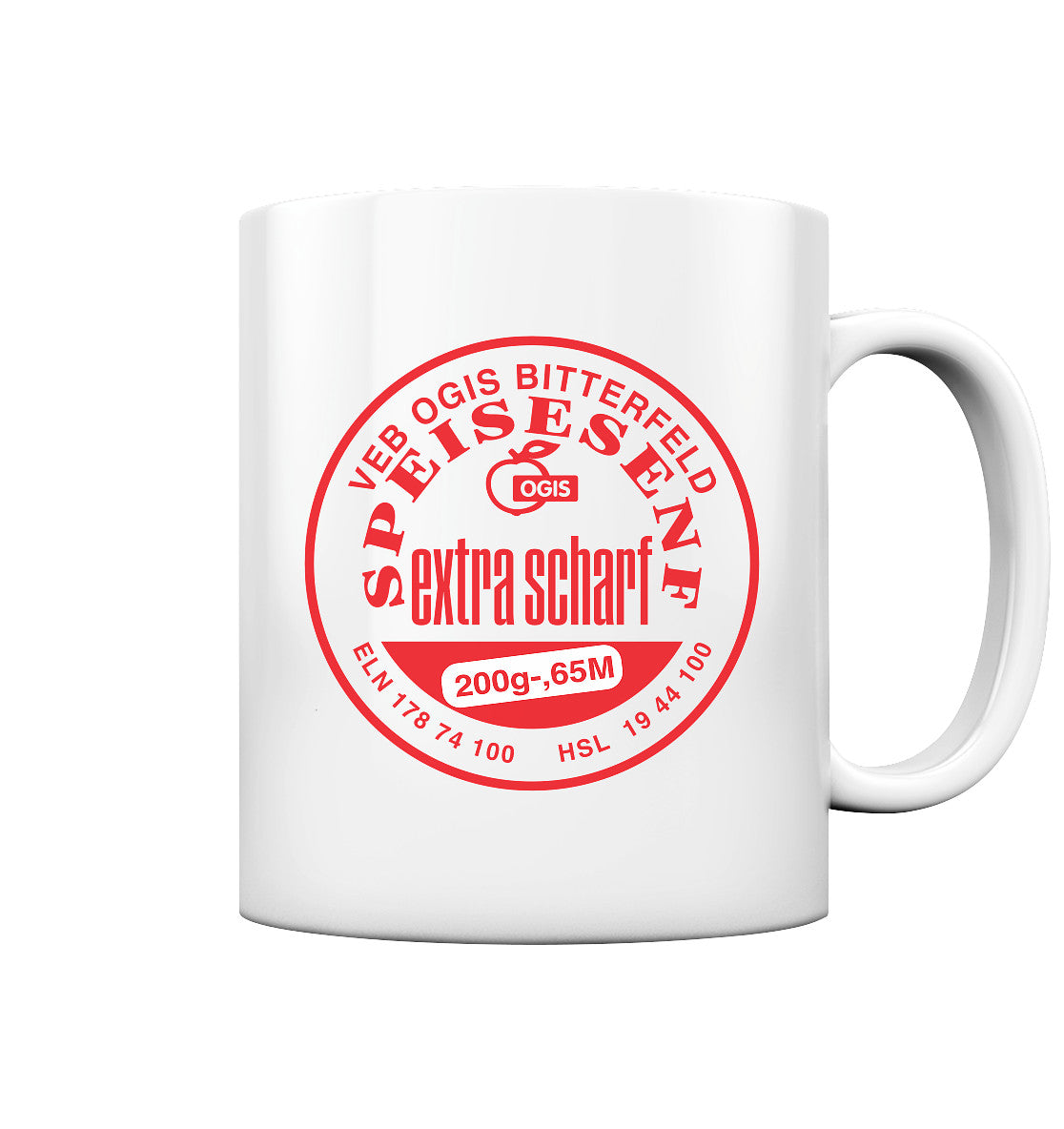 DDR Ostalgie Tasse • VEB OGIS BITTERFELD - SPEISESENF EXTRASCHARF