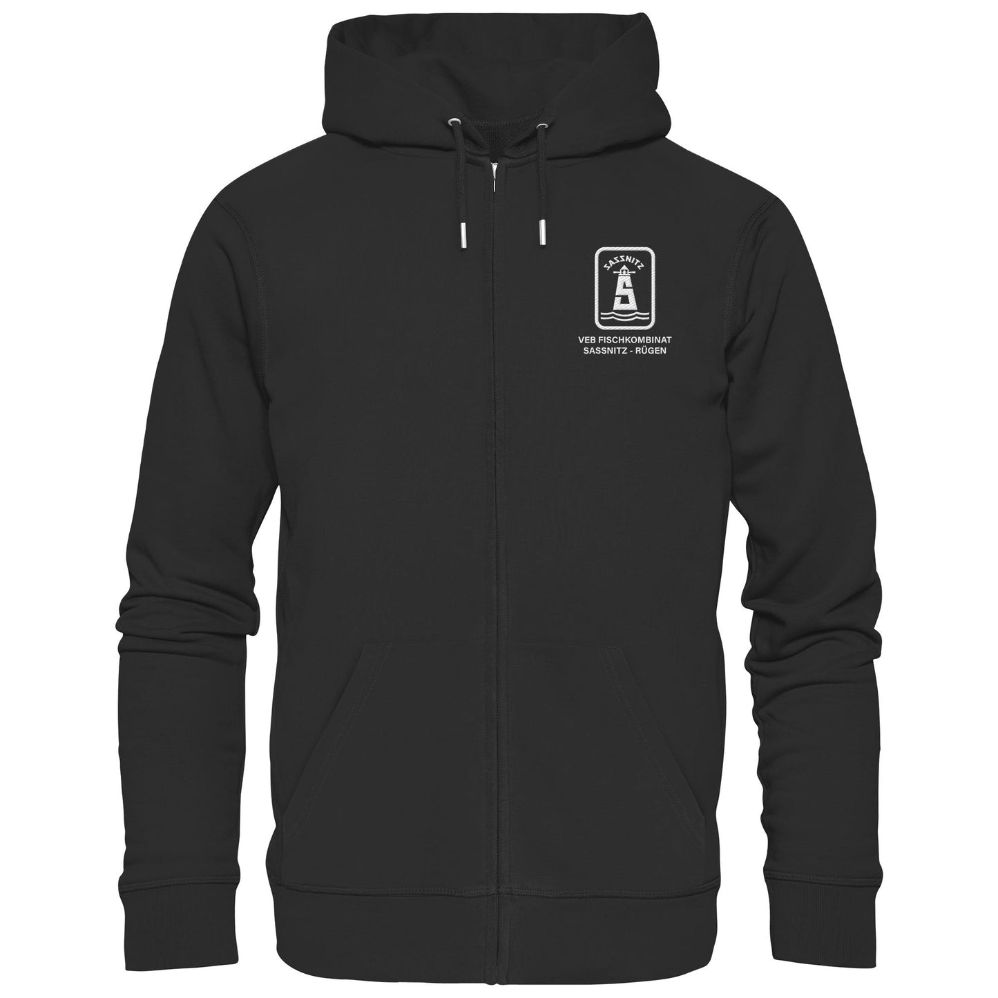 DDR Ostalgie Kapuze / Zipper Hoodie bestickt • VEB FISCHKOMBINAT SASSNITZ-RÜGEN