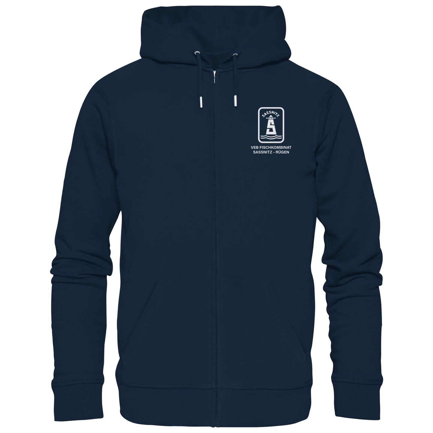 DDR Ostalgie Kapuze / Zipper Hoodie bestickt • VEB FISCHKOMBINAT SASSNITZ-RÜGEN