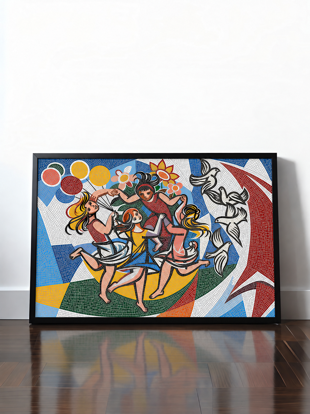 Historisches DDR Poster (A4 | A3 | A2 | A1) • WALTER WOMACKA - TANZENDE MÄDCHEN MIT FRIEDENSTAUBEN MIT MOSAIK-HINTERGRUND (HAUS DES LEHRERS, 1964)
