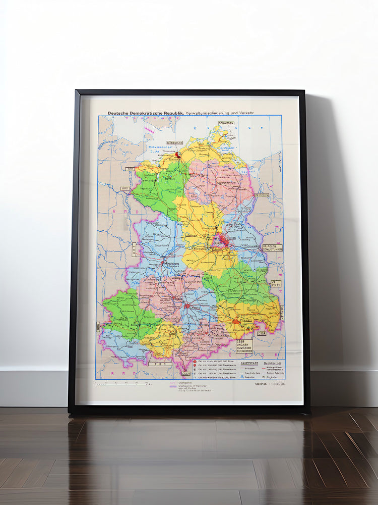 Historisches DDR Poster (A4 | A3 | A2 | A1) • DDR VERWALTUNGSGLIEDERUNG UND VERKEHR LANDKARTE