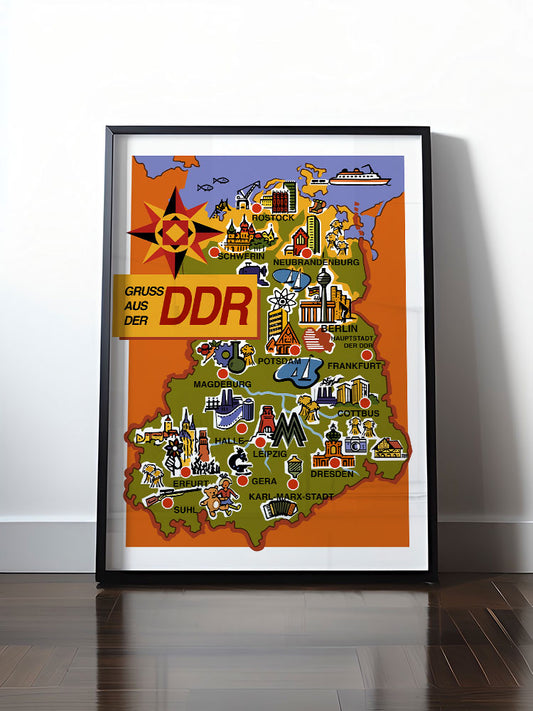 Historisches DDR Poster (A4 | A3 | A2 | A1) • GRUSS AUS DER DDR / BEZIRKE DER DDR (ORIGINAL POSTKARTE)