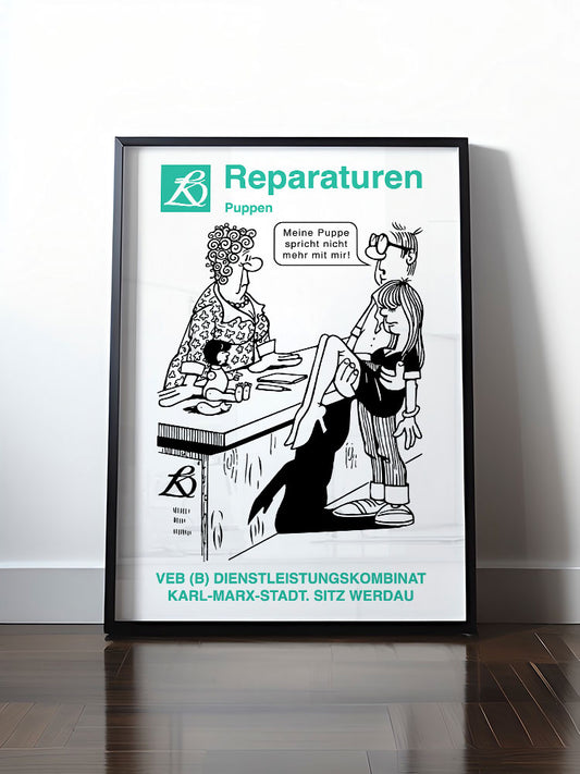 Historisches DDR Poster (A4 | A3 | A2 | A1) • VEB REPARATUREN, PUPPEN, WERDAU - KARL-MARX-STADT (ORIGINAL POSTER)